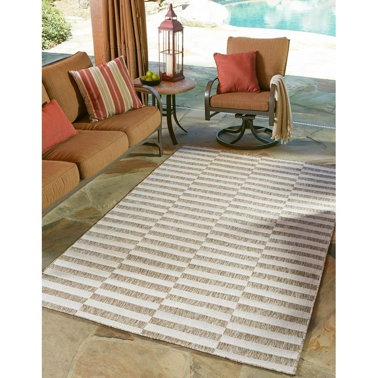 Unique Loom Outdoor Striped Collection Area Rug - Striped (5' x 7' Rectangle Taupe/Ivory) | Walmart (US)