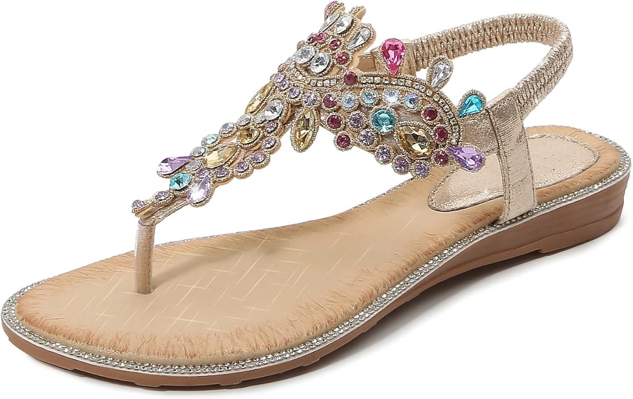 iCKER Women Rhinestone Sandals T-Strap Buckle Bohemian Pearl Crystal Flat Sandals | Amazon (US)
