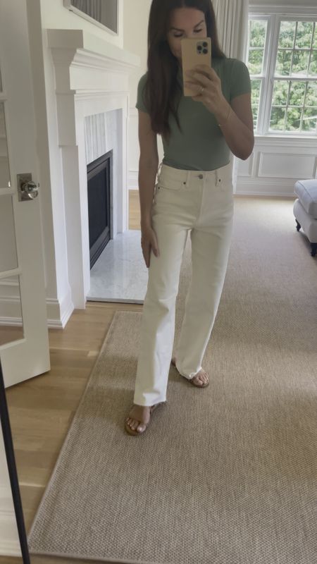 Spring outfit with affordable white pants! Ecru jeans are a cream. Wide leg look good with sandals or heels. TTS I’m in a 2 