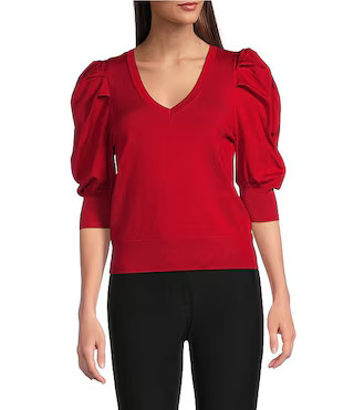 DKNY by Donna Karan Short Pleated Puffed Elbow Sleeve V-Neck Knit Top | Dillard's | Dillard's
