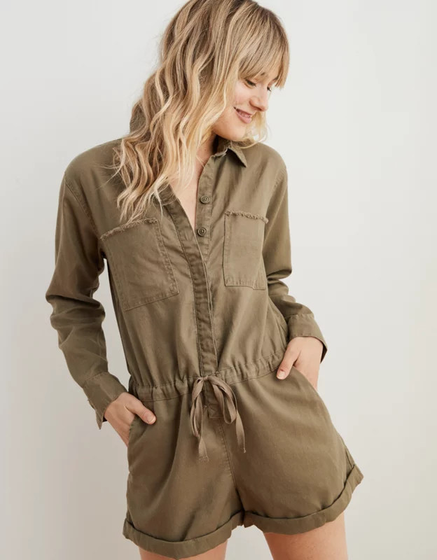Aerie Softest Utility Twill Long Sleeve Romper | American Eagle Outfitters (US & CA)