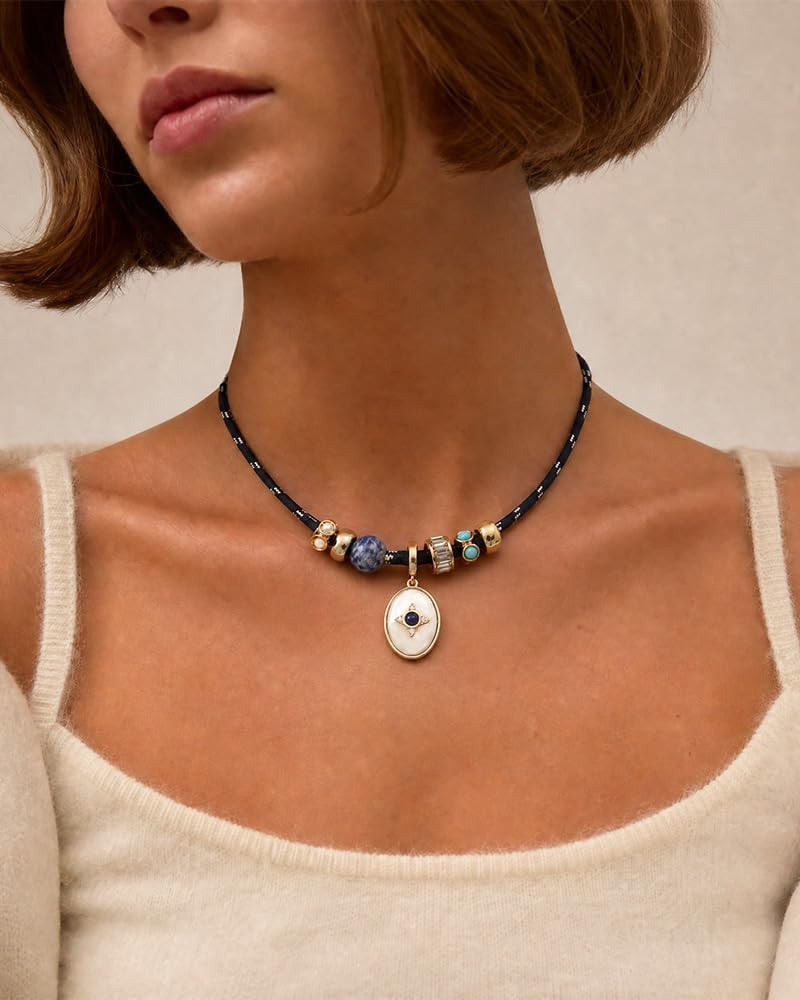 Cord Pendant Necklace for Women, Adjustable Cord Choker with Natural Stone & Charm, Trendy Statem... | Amazon (US)