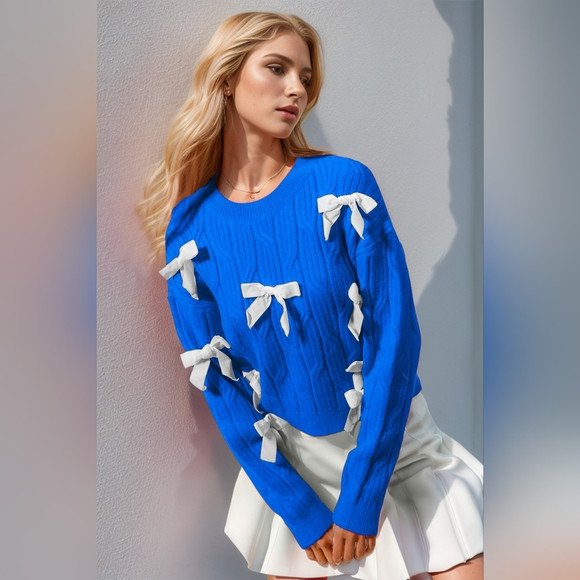 Double Take Full Size Bow Cable-Knit Round Neck Sweater | Poshmark