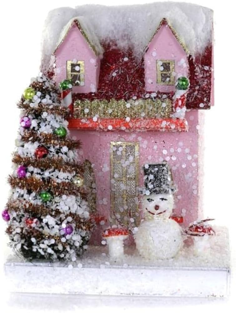 7" Pink and Red Petite Christmas Village Cottage House with Snowman | Amazon (US)