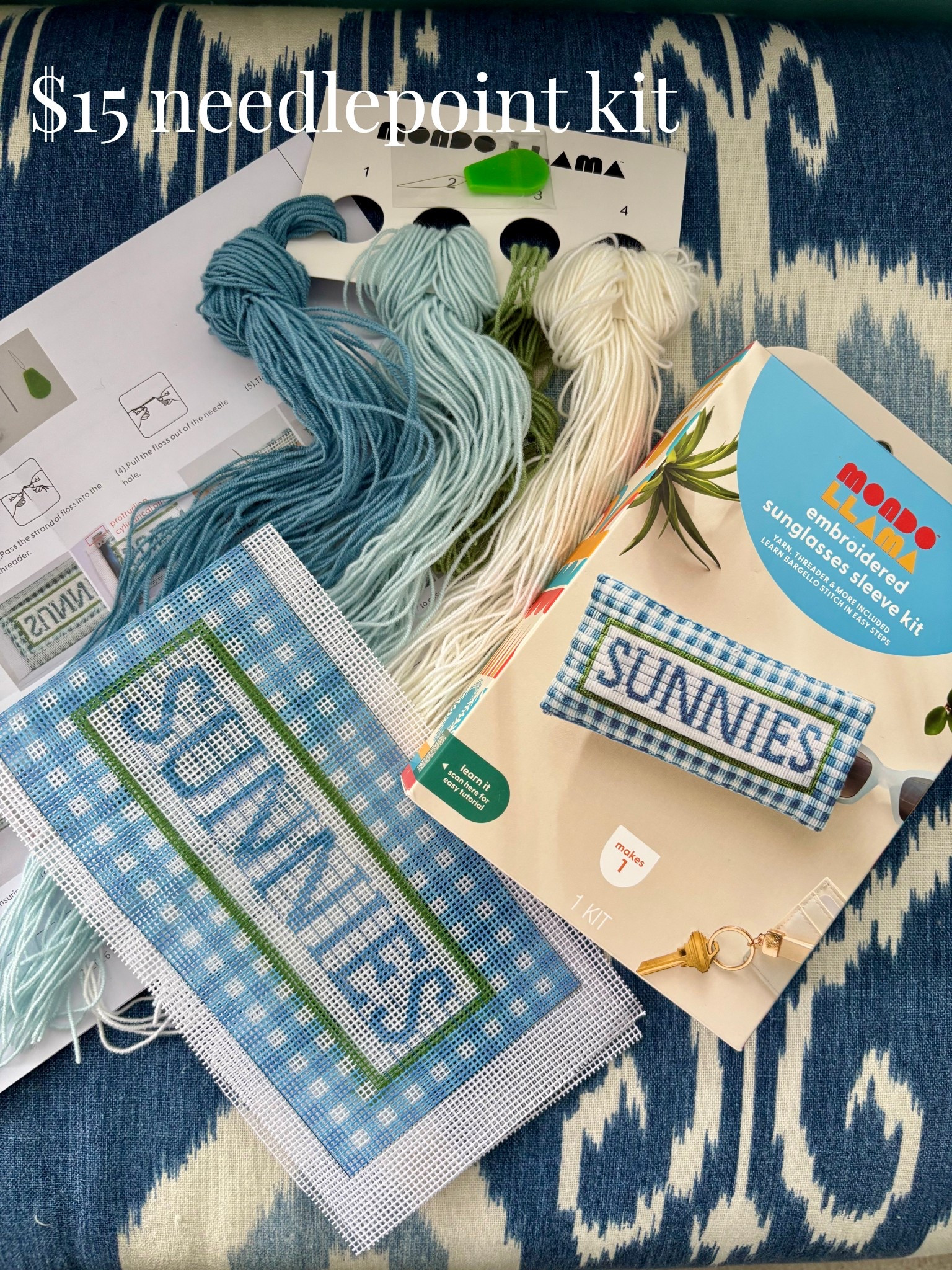 Trying my hand at needlepoint with this $15 (one of the lowest prices I’ve seen!) kit for this gingham sunglasses pouch! 💙