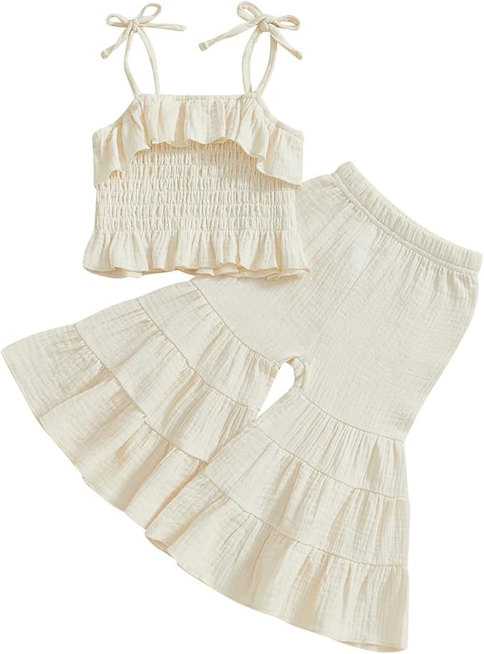 Toddler Baby Girl Smocked Outfit Ruffle Halter Shirt Flared Pants Set Toddler Bell Bottom Outfit ... | Amazon (US)