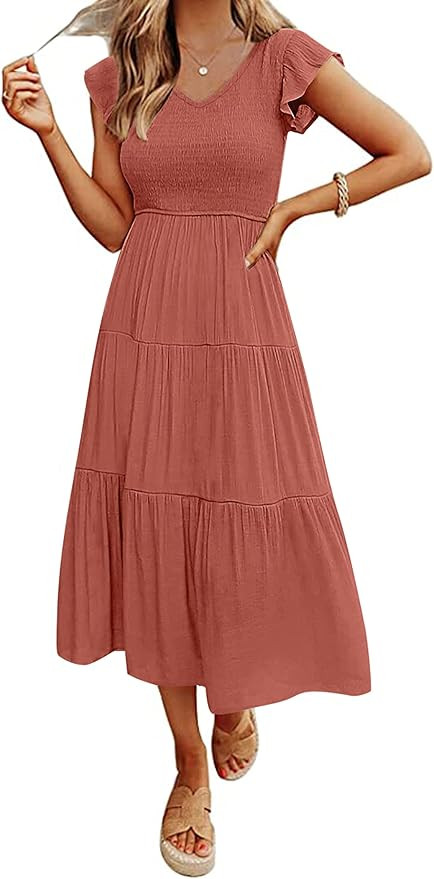 MEROKEETY Women's Flutter Sleeve Smocked Midi Dress V Neck Casual Tiered Dresses with Pockets | Amazon (US)