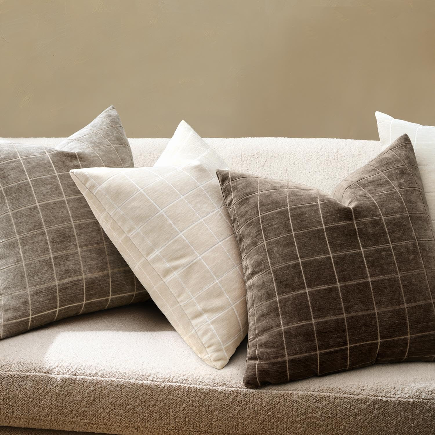 MIULEE Decorative Chenille Check Euro Shams Throw Pillow Covers Vintage Plaid Couch Pillows 24x24 Inch Set of 2 Neutral Boho Farmhouse Cushion Covers Modern Home Decor for Sofa Bed Living Room Brown | Amazon (US)