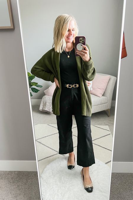 What I wore this week! Black and olive green have been one of my favorite color combinations this fall! Sizing details➡️ Top- small || cardigan- xs || pants- sold out, similar linked || shoes- 7.5 

#LTKSeasonal #LTKstyletip #LTKfindsunder100