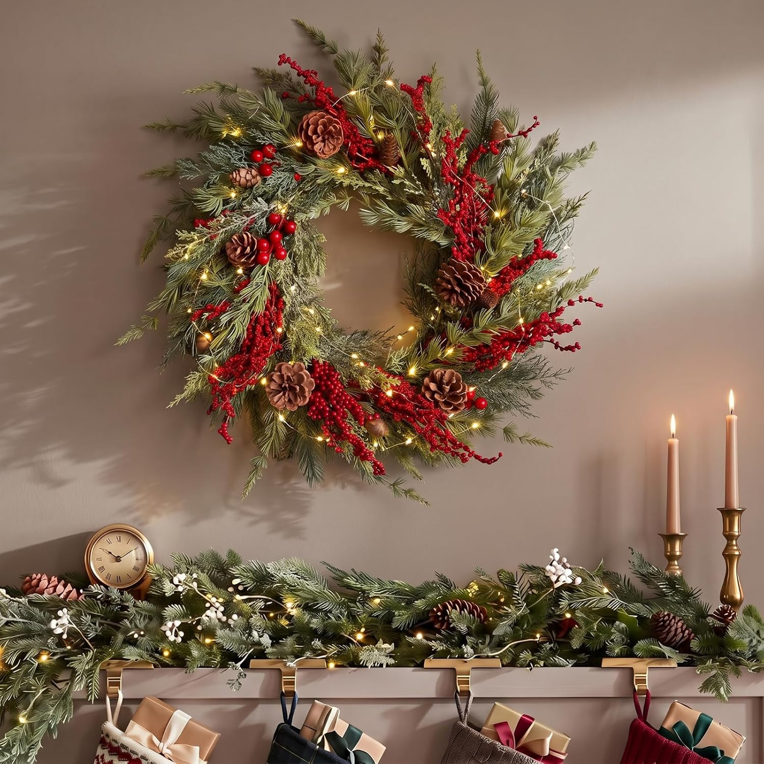 Yinder 20 Inch Christmas Wreath with LED Lights Red Berry Pinecones | Amazon (US)