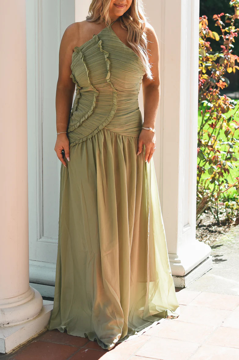 Olive Green Halter Maxi Dress Under $100 | Spring Wedding Guest Dress | Confête