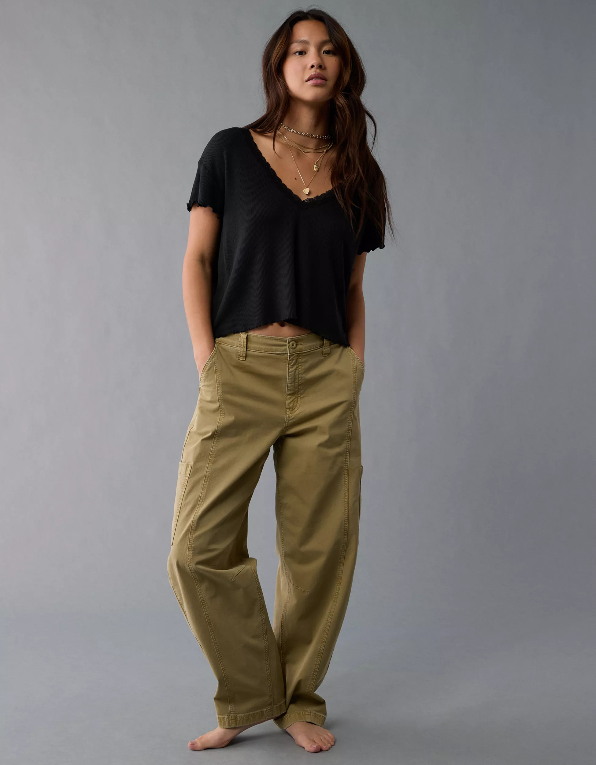 AE Soft & Sexy V-Neck Cropped Waffle T-Shirt | American Eagle Outfitters (US & CA)