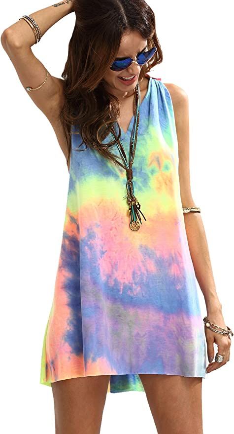 ROMWE Women's Sleeveless V Neck Tie Dye Tunic Tops Casual Swing Tee Shirt Dress | Amazon (US)