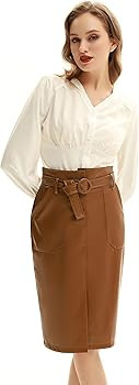 Belle Poque Leather Skirts with Belt Pocket High Waisted Front Slit Pencil Skirt | Amazon (US)