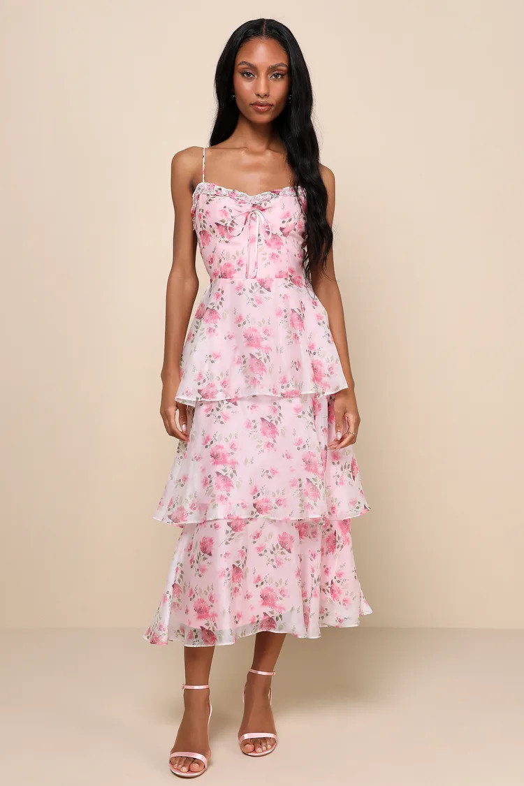 Immaculate Cutie Light Pink Floral Sleeveless Tiered Midi Dress | Lulus