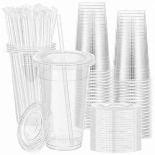 Clear 100-Pack 20 oz Plastic Cups with Lids and Straws, Disposable Iced Coffee Cups for Cold Drinks and Smoothies | The Home Depot