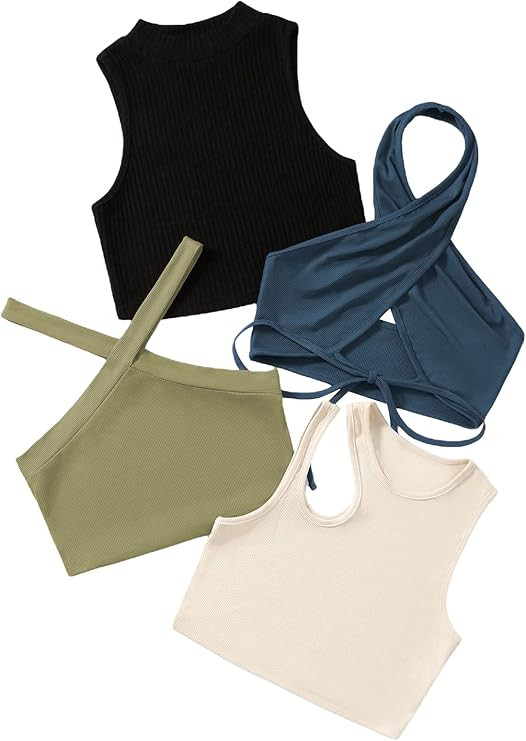 MakeMeChic Women's Casual 4 Pieces Solid Ribbed Knit Crop Tank Tops Vest Pack | Amazon (US)