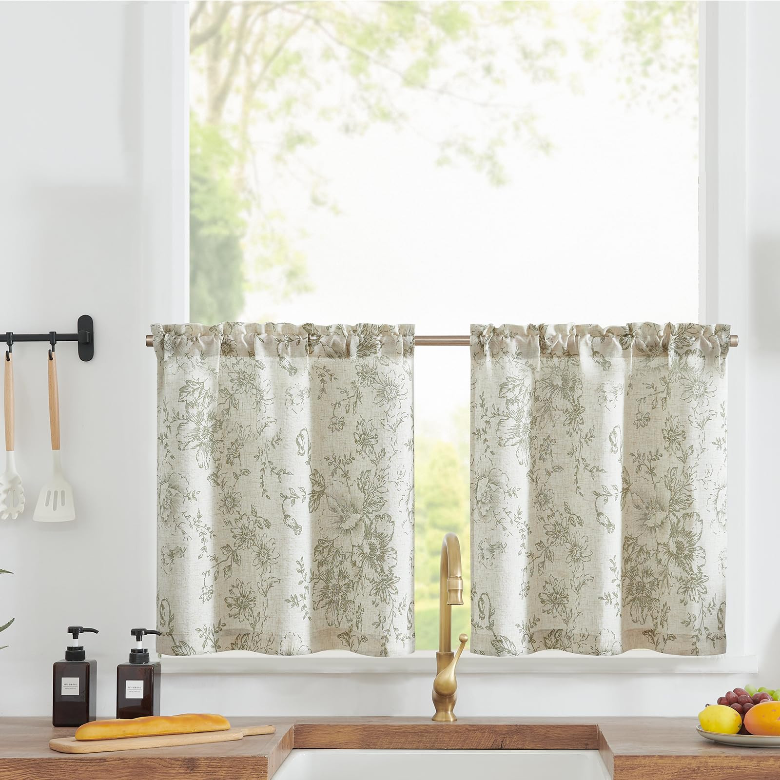 jinchan Floral Linen Tier Curtains Floral Sage on Beige Cafe Curtains 24 Inch Length Kitchen Livi... | Amazon (US)