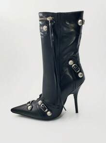 Fashion Black Classic Boots For Women, Studded Decor Zipper Front Point Toe Stiletto Heeled Boots | SHEIN