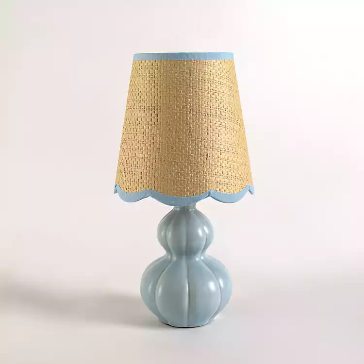 Blue Ceramic Mini Lamp with Scalloped Rattan Shade | Kirklands Home | Kirklands