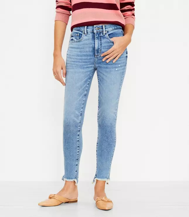 Petite Chewed Hem Mid Rise Skinny Jeans in Authentic Indigo | LOFT
