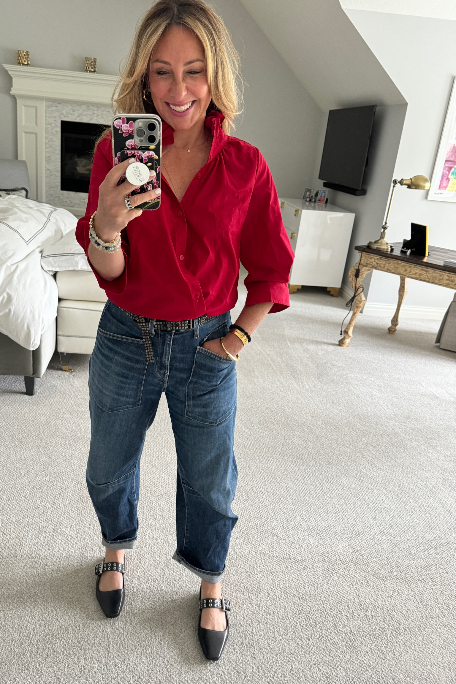 I’m sporting two new items in this outfit. It was perfect for a day with back-to-back clients. This top is made from reworked men’s shirts and it is even better in person. I was told from my outfit of the day post that the item sold out. I’m hoping they will restock. But they have other colors and, that are fabulous. Also, I picked up these shoes a few weeks ago. They are incredibly comfortable. Especially in my wide foot bed.