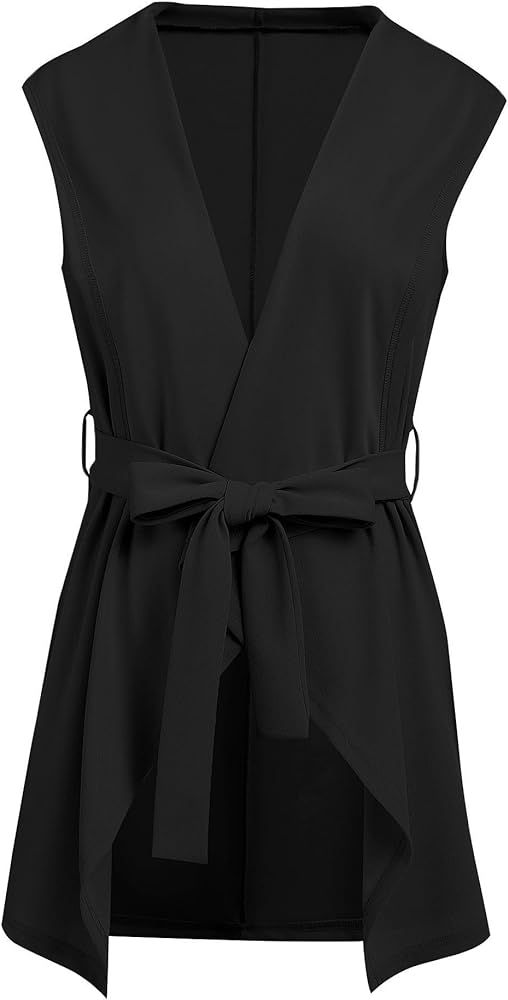 Grabsa Women's Casual Lapel Open Front Sleeveless Vest Cardigan Jacket with Belt | Amazon (US)