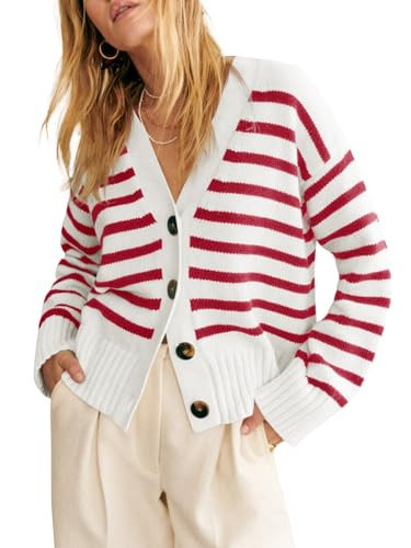 Saodimallsu Womens Striped Cardigan Sweaters V Neck Button Down Long Sleeve Open Front Ribbed Knit Outerwear Red | Amazon (US)