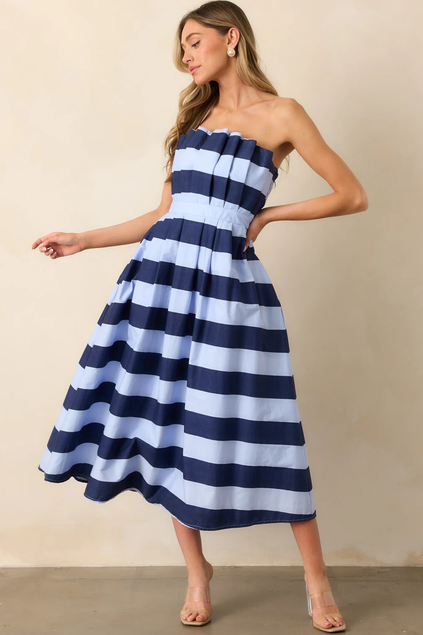 The Genevieve Navy Stripe Cotton Strapless Midi Dress | Red Dress