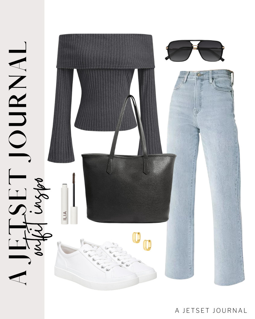 Style this combo of gray CIDER long-sleeve top with wide-leg jeans from KDF with Vionic Winny lace-up shoes and a zipper tote bag. Complete this chic look with SOJOS aviator sunglasses and ILIA-Limitless Lash Mascara. 

 #LTKSeasonal #LTKSaleAlert #LTKTravel