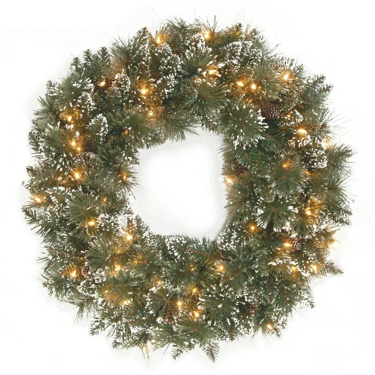 National Tree Company Pre-Lit Artificial Christmas Wreath, Green, Glittery Bristle Pine, White Li... | Walmart (US)
