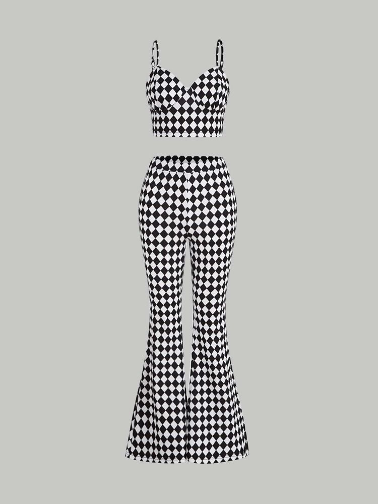 SHEIN MOD Checker Print Crop Cami Top & Flare Leg Pants Set | SHEIN