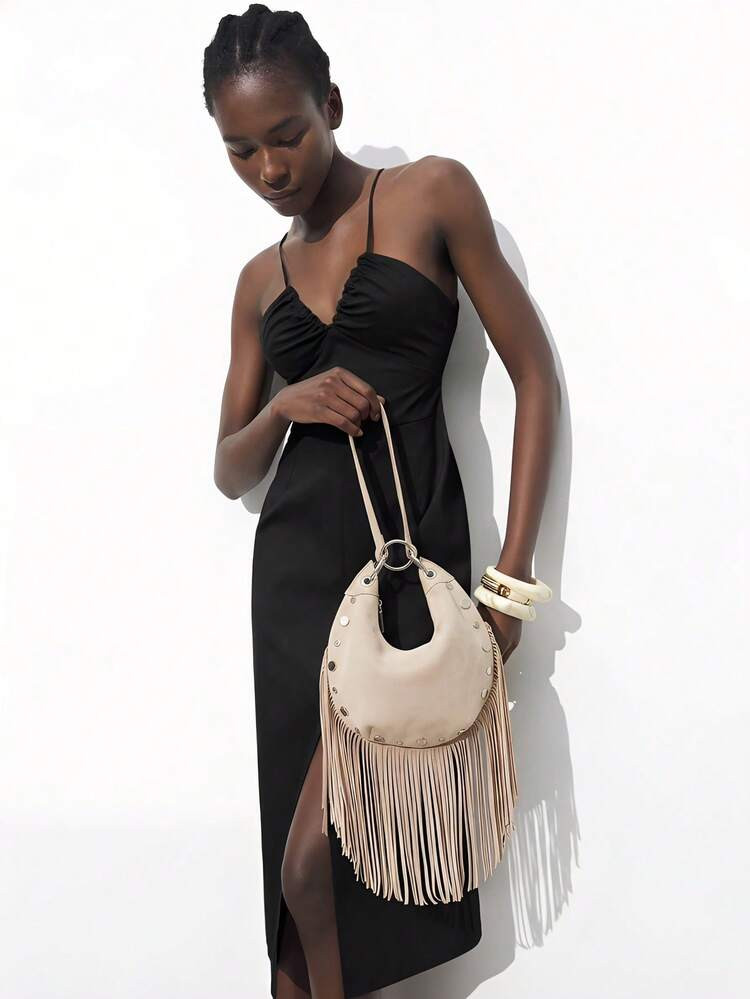 Maija Ladies, Women Shoulder Bag, Hobo Bag, Top Handle Bags, Tassel, Retro, Rivets, Vintage, Fashionable, Elegant, Simple, Personalized, Versatile, Classic, For Commute, Office, Date, Daily, Shopping, Afternoon Tea | SHEIN