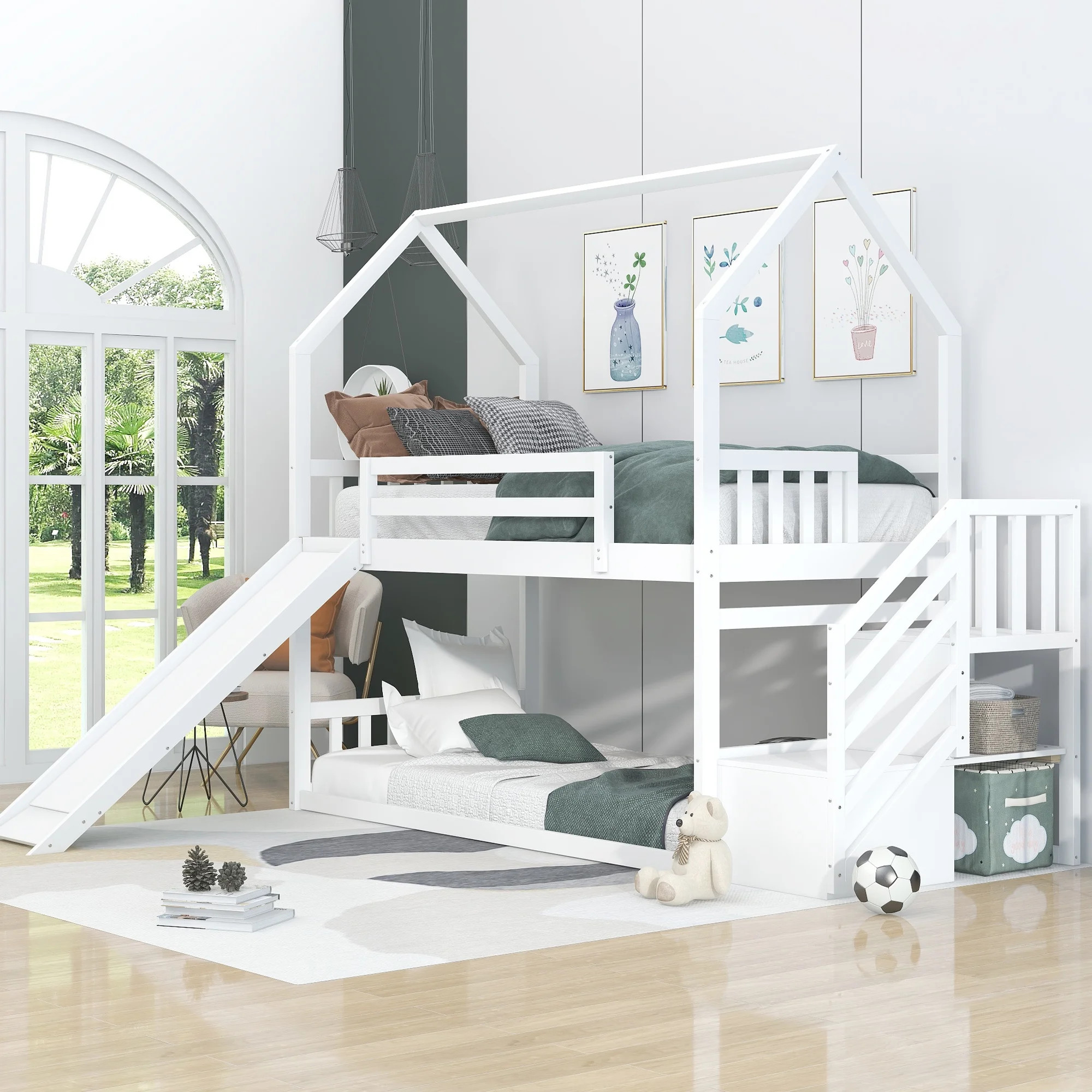 EUROCO Twin over Twin House Bunk Bed with Staircase for Kids Bedroom, Solid Wood Bunk Bed with St... | Walmart (US)