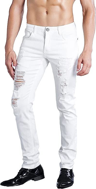 Men's Ripped Skinny Distressed Destroyed Slim Fit Stretch Biker Jeans Pants with Holes | Amazon (US)