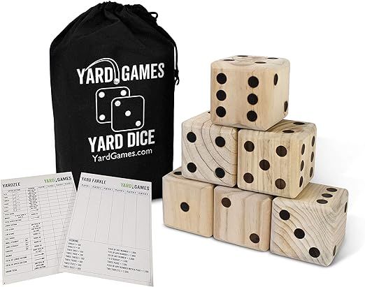 Giant 3.5" Wooden Yard Dice with Laminated Yardzee and Farkle Scoresheets and Durable Carrying Ca... | Amazon (US)