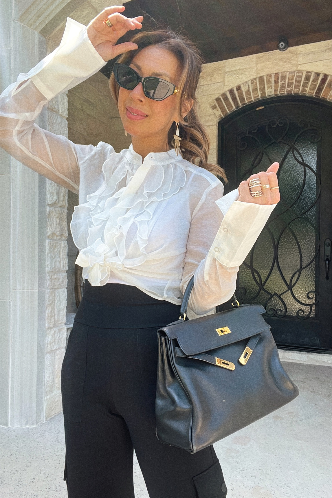 Cabi ruffle blouse & wide leg cargo pants (size S in top XS in pants) 🤎🖤 Great work or going out outfit  #styleofsam #cabiclothing 

#LTKworkwear #LTKstyletip #LTKover40