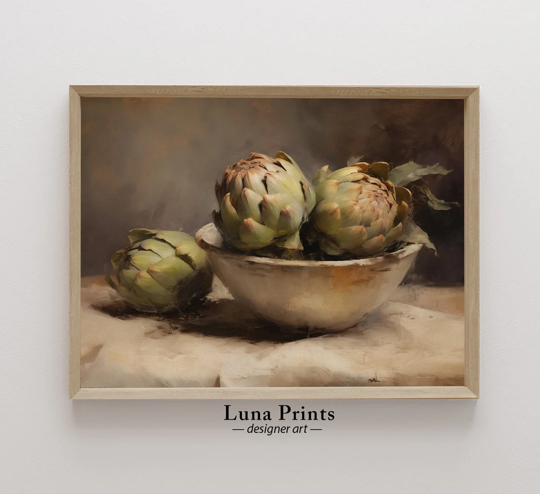 Artichokes Painting, PRINTABLE ART, Moody Fruit Still Life, Muted Toned Kitchen Art - Etsy | Etsy (US)