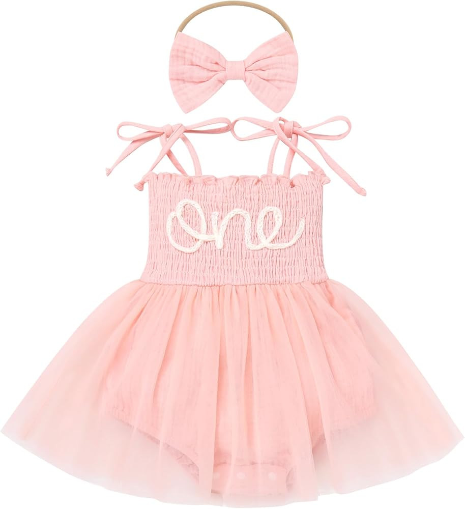 AWIBMK Baby Girls 1st Birthday Outfit Spaghetti Straps Romper Dress with Headband Sleeveless Prin... | Amazon (US)