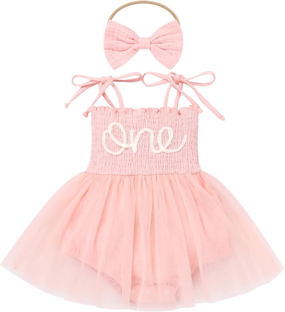 AWIBMK Baby Girls 1st Birthday Outfit Spaghetti Straps Romper Dress with Headband Sleeveless Prin... | Amazon (US)