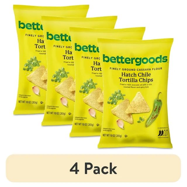 (4 pack) bettergoods Finely Ground Cassava Flour Hatch Chile Tortilla Chips, 10 oz - Walmart.com | Walmart (US)