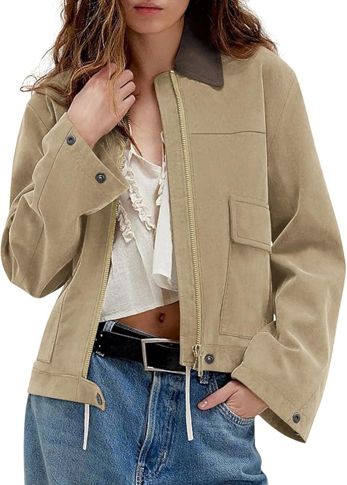 Women's Faux Suede Cropped Jacket Casual Zip Up Jackets Contrast Collar Fleece Winter Coats Outer... | Amazon (US)