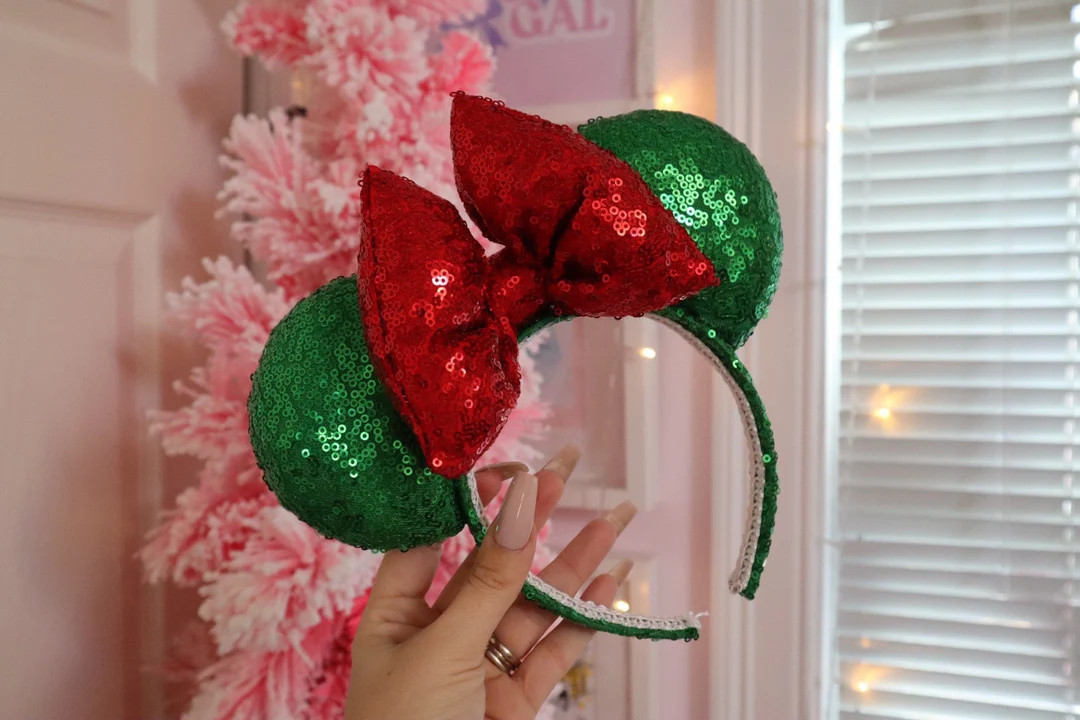 Green Sequin Mouse Ears With Red Bow - Etsy | Etsy (US)