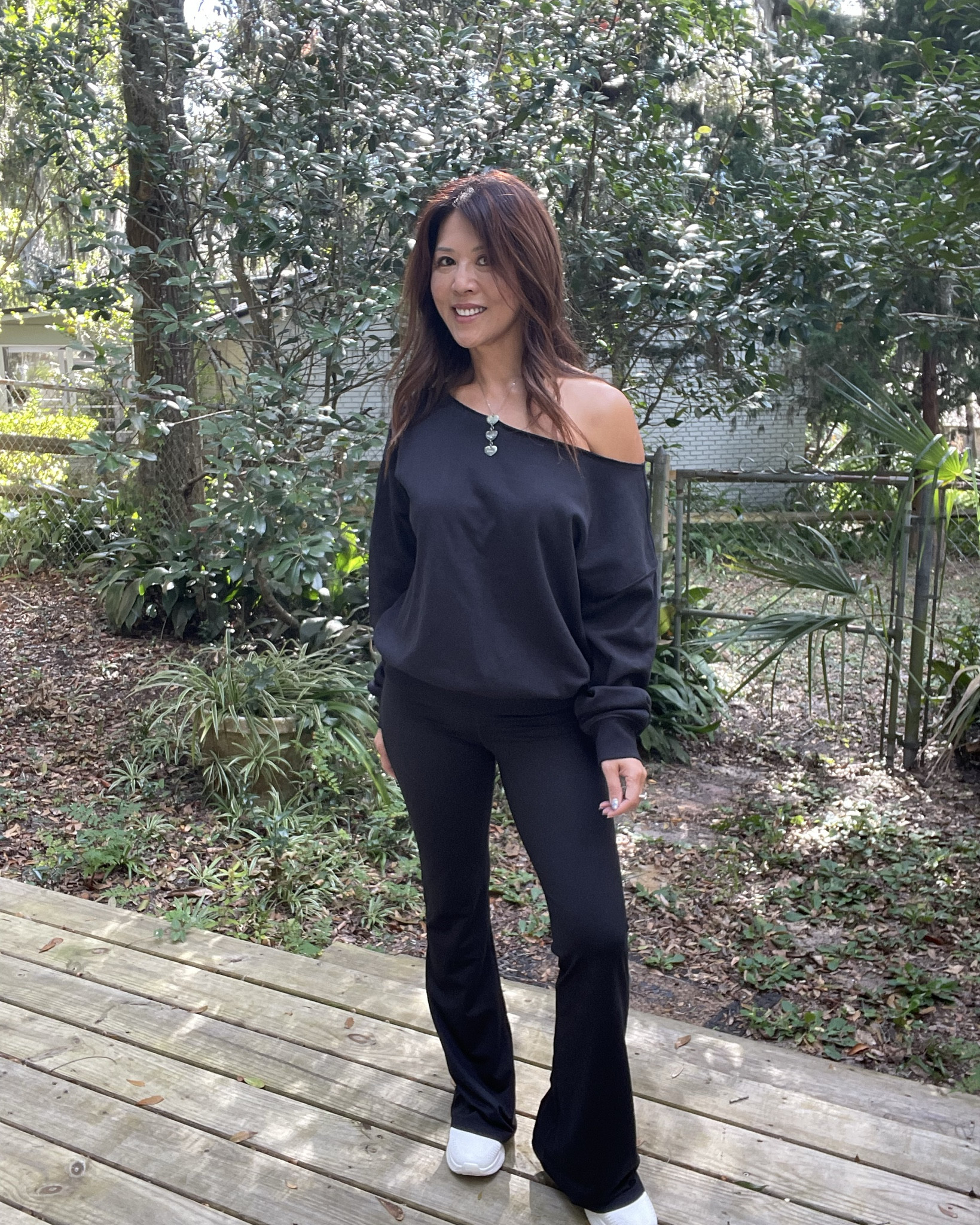 Fabletics Terry off shoulder sweatshirt and cloud jersey fold over flare both in size small.  Lounge wear, athletic wear, casual wear