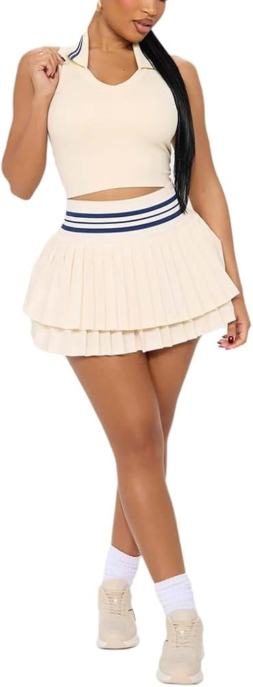 Wuitrie Womens Two Piece Skirt Set Collision Collar Slim Tops Casual Elastic Waist Pleated Skirt ... | Amazon (US)