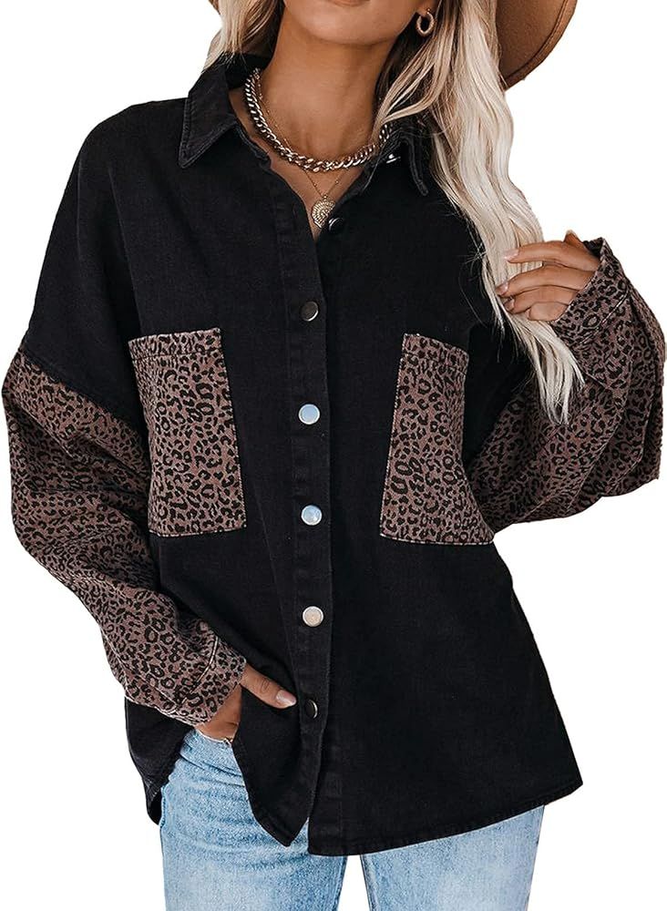 Happy Sailed Womens Leopard Contrast Denim Jackets Oversize Long Sleeve Button Down Pockets Jean ... | Amazon (US)