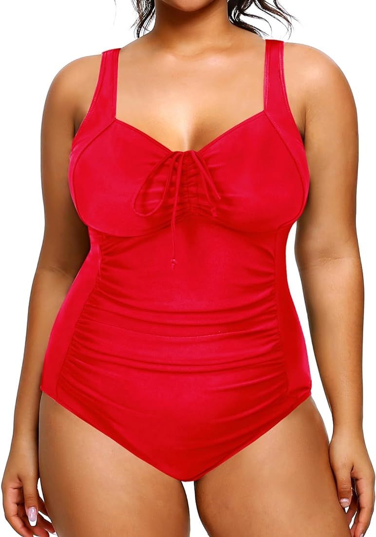 Daci Women Plus Size One Piece Swimsuit Tummy Control Bathing Suits Vintage Ruched Swimwear | Amazon (US)