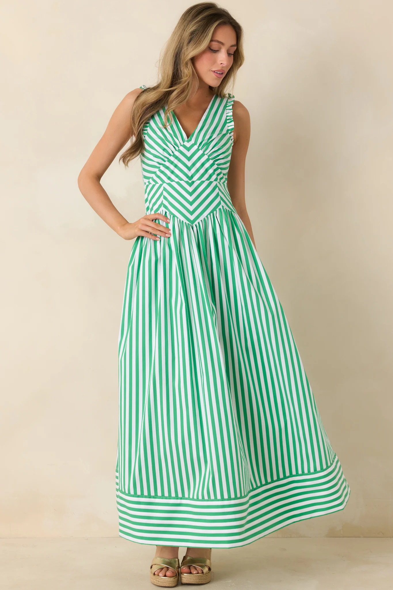 It’s a Good Thing Green Stripe Cotton Blend Sleeveless Maxi Dress | Red Dress