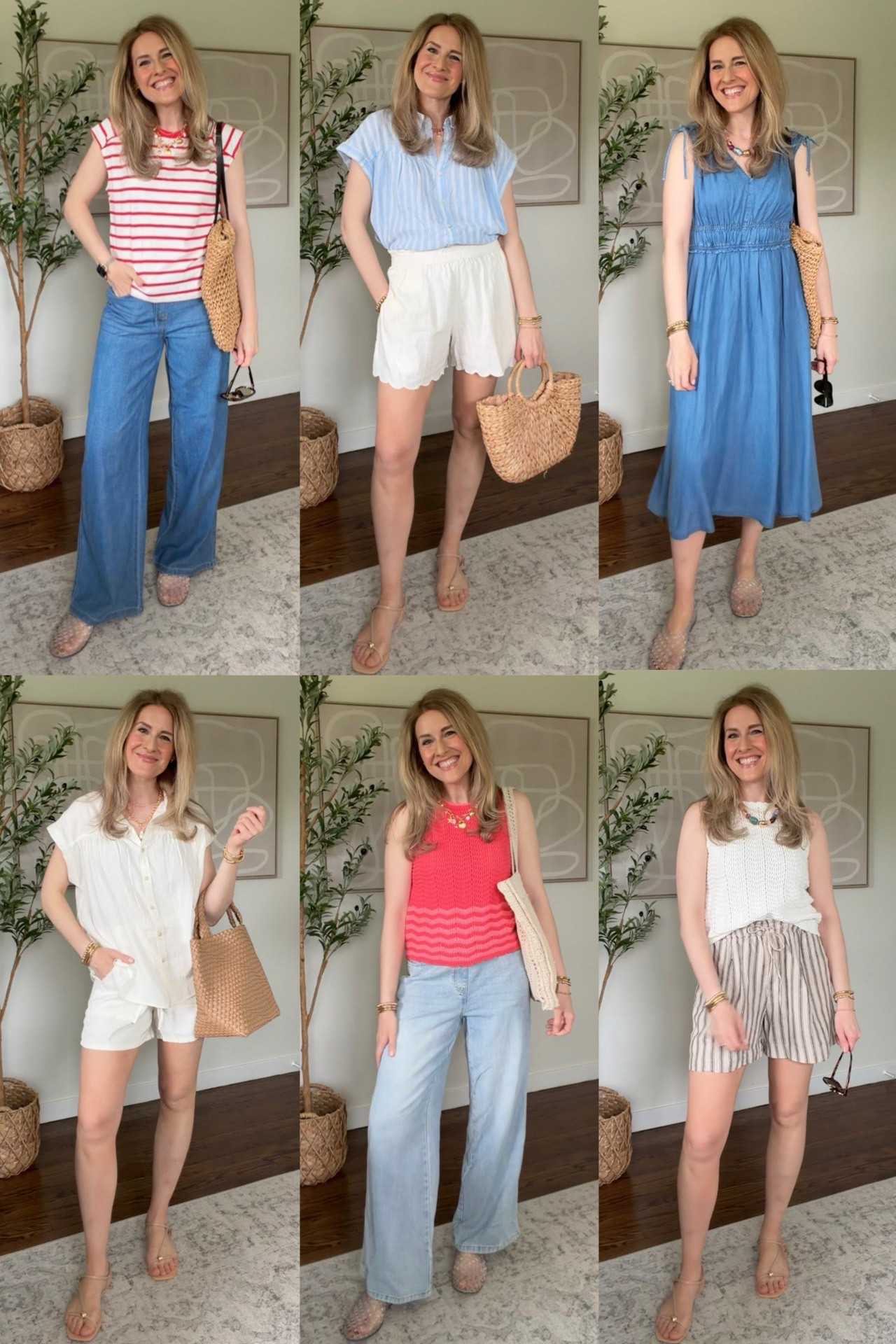 Walmart summer outfits! I sized up one size to medium in the stripe top. Stayed tts small in the wide leg jeans, dress and button down shirts. The sweater tanks are girls size XL (fits like a women’s size small). Shorts I also went up one size to medium for relaxed fit (and I’m 5’8”). #walmartfashion #walmartstyle

#LTKOver40 #LTKmomlife