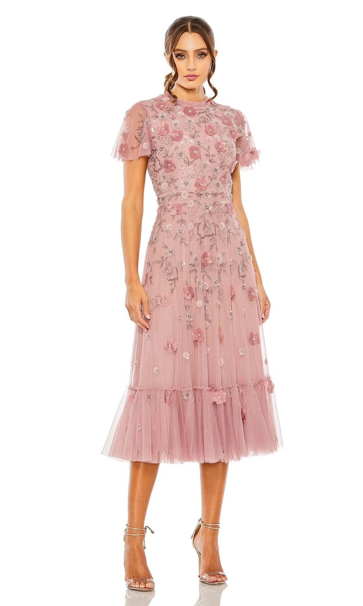 High-Neck Short-Sleeve Midi Wedding-Guest Dress | Prom Girl